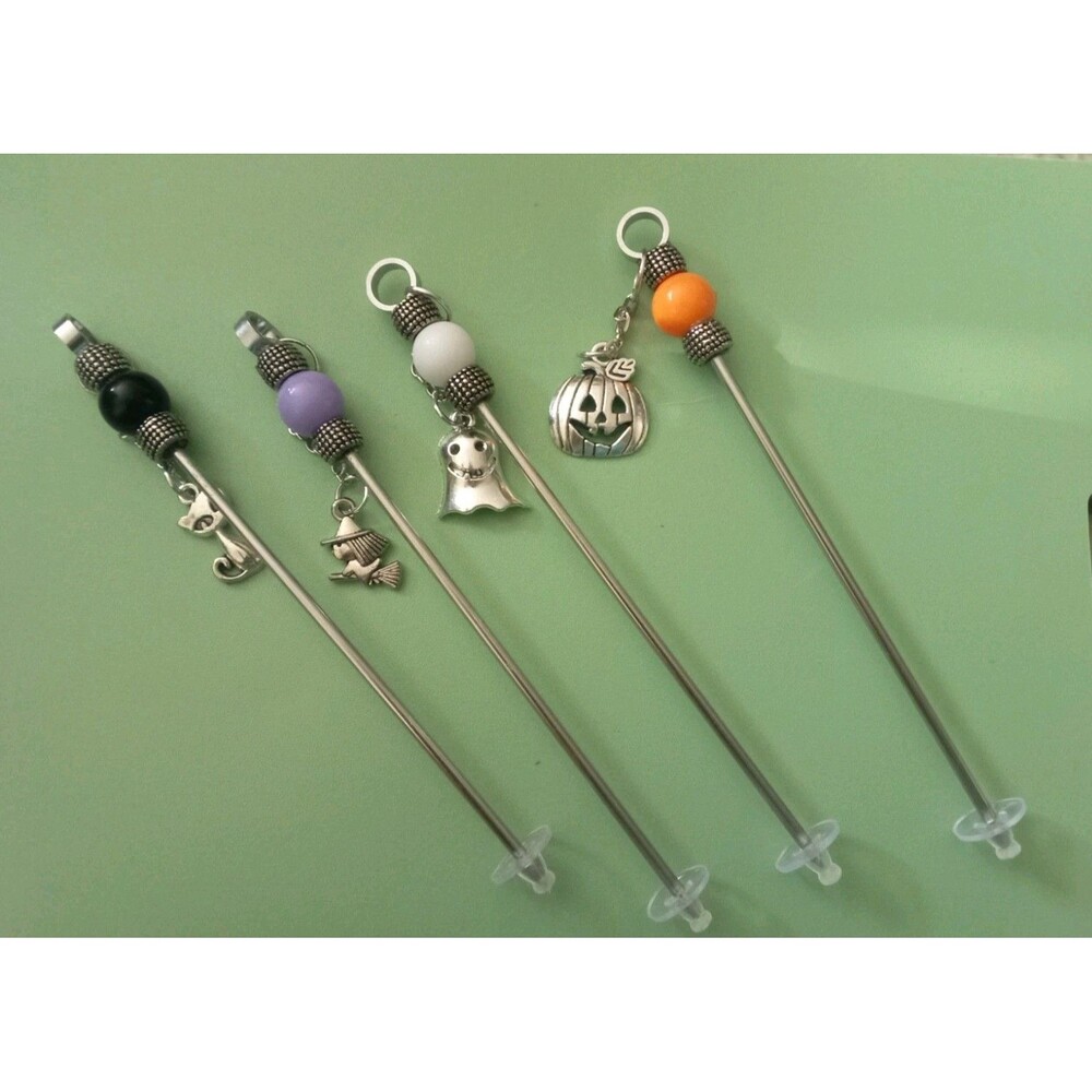 Set Of Halloween Beaded Cocktail  Sticks With Charms Cat Bat Pumpkin Witch